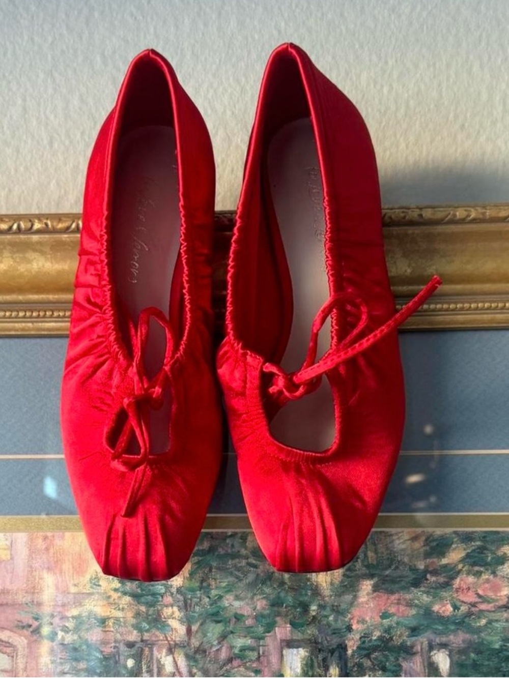 For Love And Lemons Red Satin Ballet Flats with Tie Detail